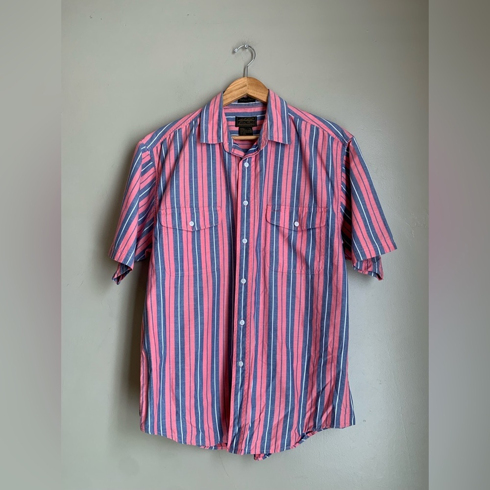 Vintage Eddie Bauer Striped Button-Down Shirt 90s Rufton Twill Short Sleeve Sz L